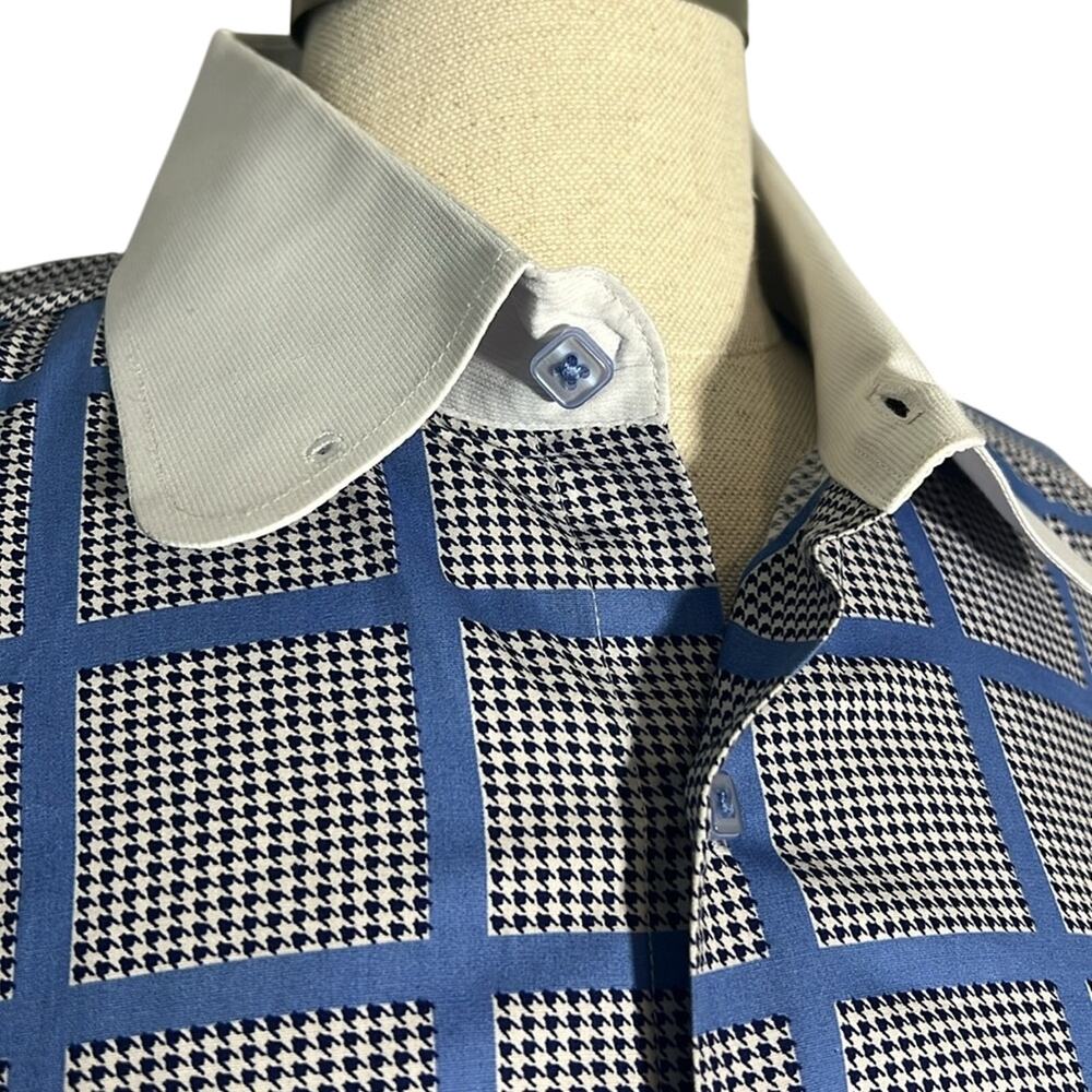 R. Lewis Contemporary Men's Dress Shirt 16-1/2, 35/35 blue grid over houndstooth